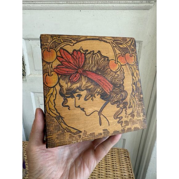 Antique 1910s Flemish Art Pyrography Hanky Box Art Nouveau Lady Cherries - Picture 2 of 8